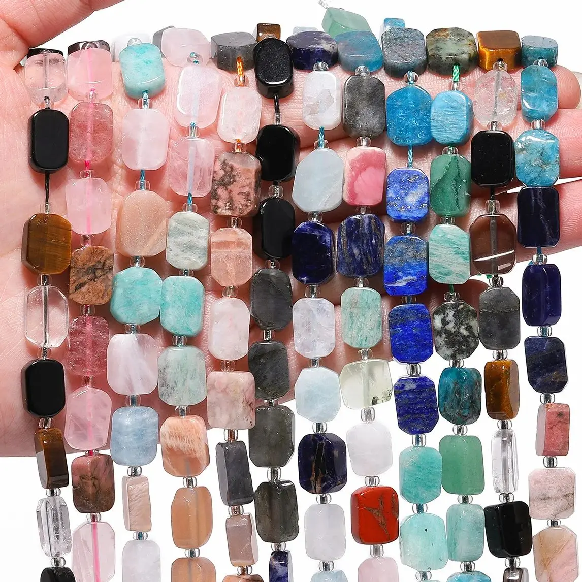 Natural Rectangle Mixed Stone Beads Amazonite Quartz Tiger Eye Spacer Beads for Jewelry Making DIY Supplies Bracelet Accessories