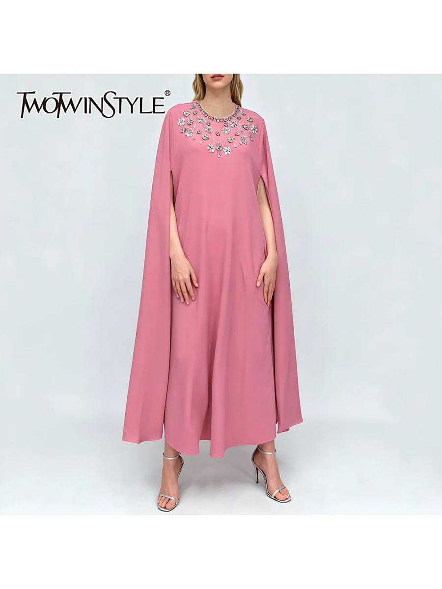 TWOTWINSTYLE Solid Loose Spliced Bead Temperament Long Dresses for Women Round Neck Sleeveless Elegant Dress Female Clothing New