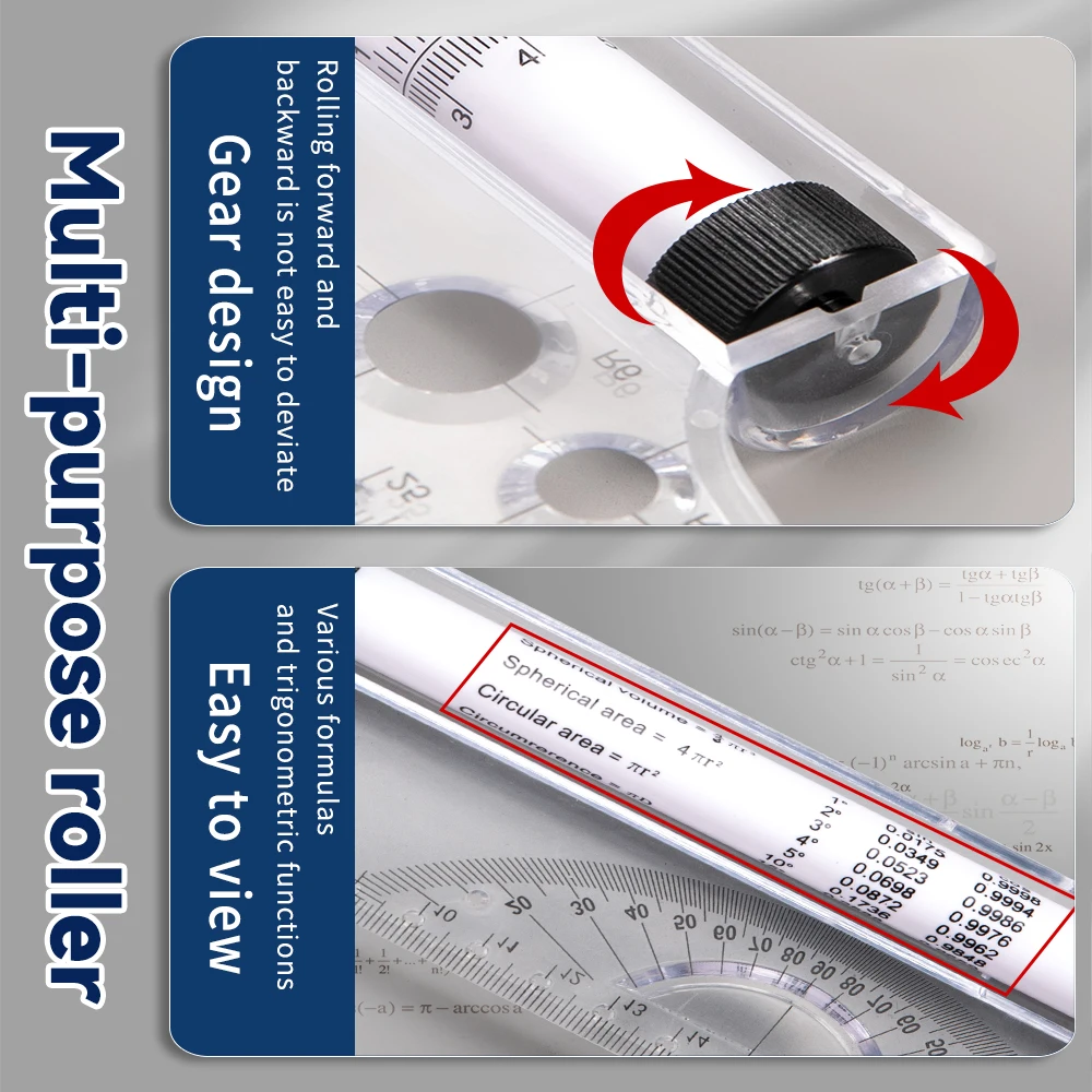 Regla de rodillo paralelo transparente de 30cm, herramienta de dibujo multifunción, balanza de línea angular, regla rodante de medición arquitectónica