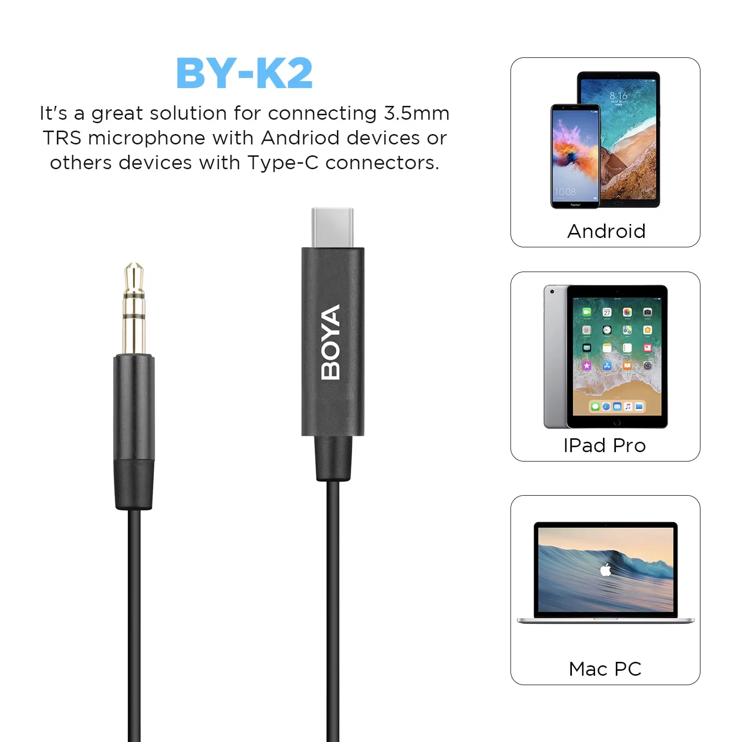 BOYA BY-K2 20cm Microphone Audio Adapter Cable 3.5 mm TRS (Male) to Type-c (Male) for Android PC Computer Laptop USB-C Devices