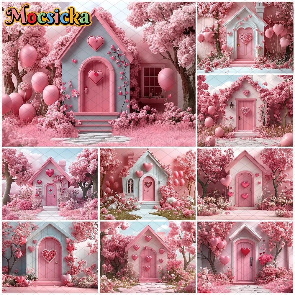 

Mocsicka Valentine's Day Photo Backdrop Pink House Tree Balloons Flowers Wallpaper Decorations Wedding Backgrounds Studio Banner