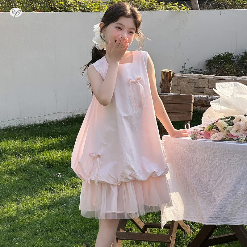 

Middle Big Girls 2026 Summer Square Neck Tulle Patchwork Dress Delicate Bow Bud Design Fluffy Tutu Elegant Princess Sundress