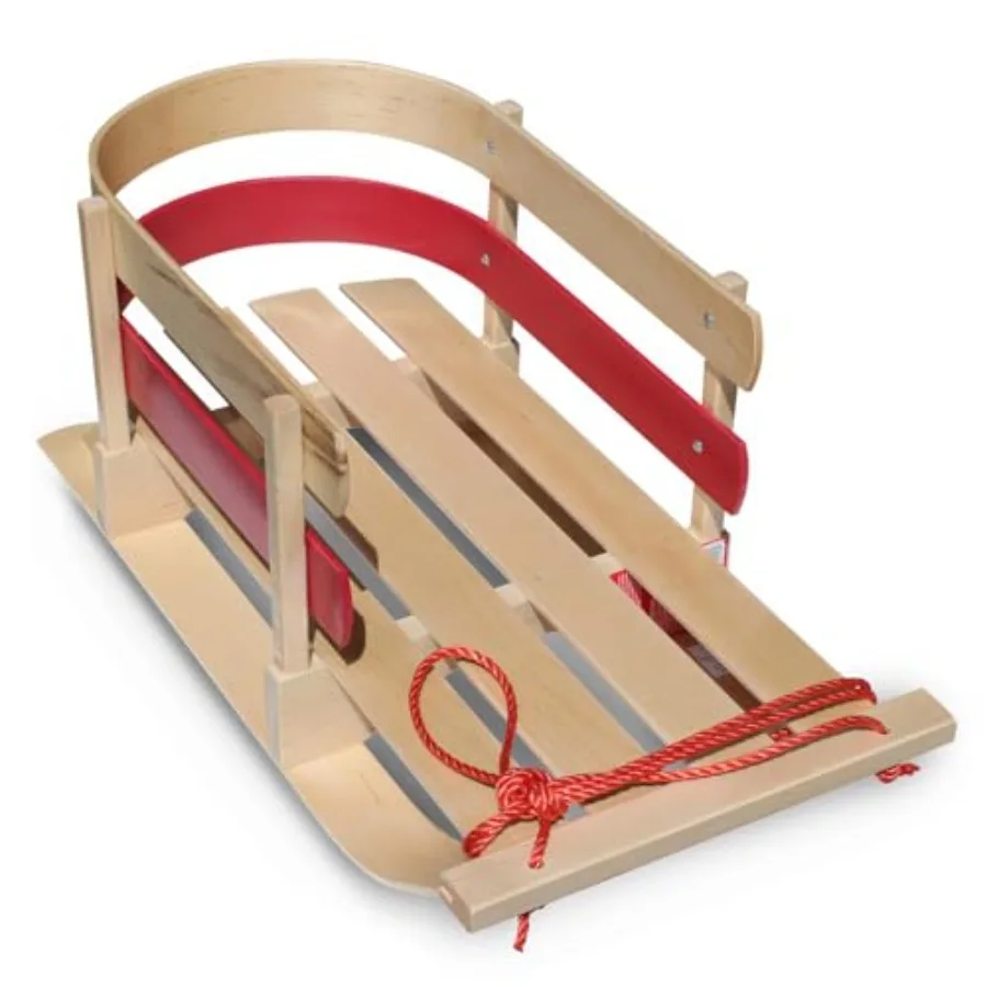 زلاجات ثلجية مرنة للأطفال الصغار - مزلقة سحب خشبية كلاسيكية لعمر 18 شهرًا إلى 4 سنوات، حبل سحب عالي الظهر