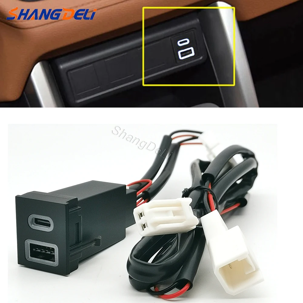 

Белый светодиод 12 В/24 В, совместимый с автомобильным зарядным устройством для телефона Toyota RAV4, двойной адаптер Type-C PD USB QC3.0, адаптер для зарядки