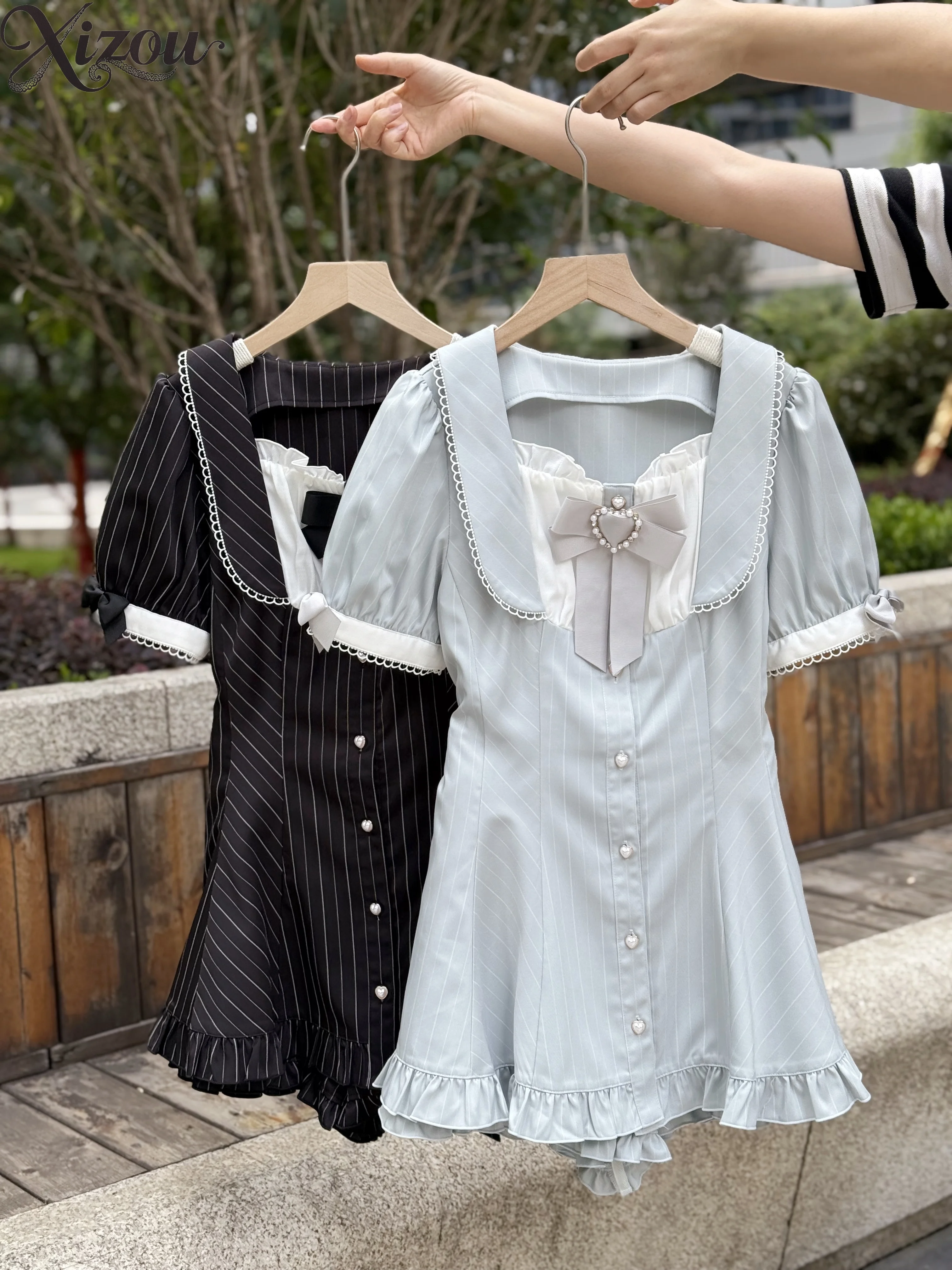 2025 vestido de verano pantalón japonés dulce lindo conjunto de dos piezas manga corta abombada arco rayas Top traje de Lolita volante cuello cuadrado