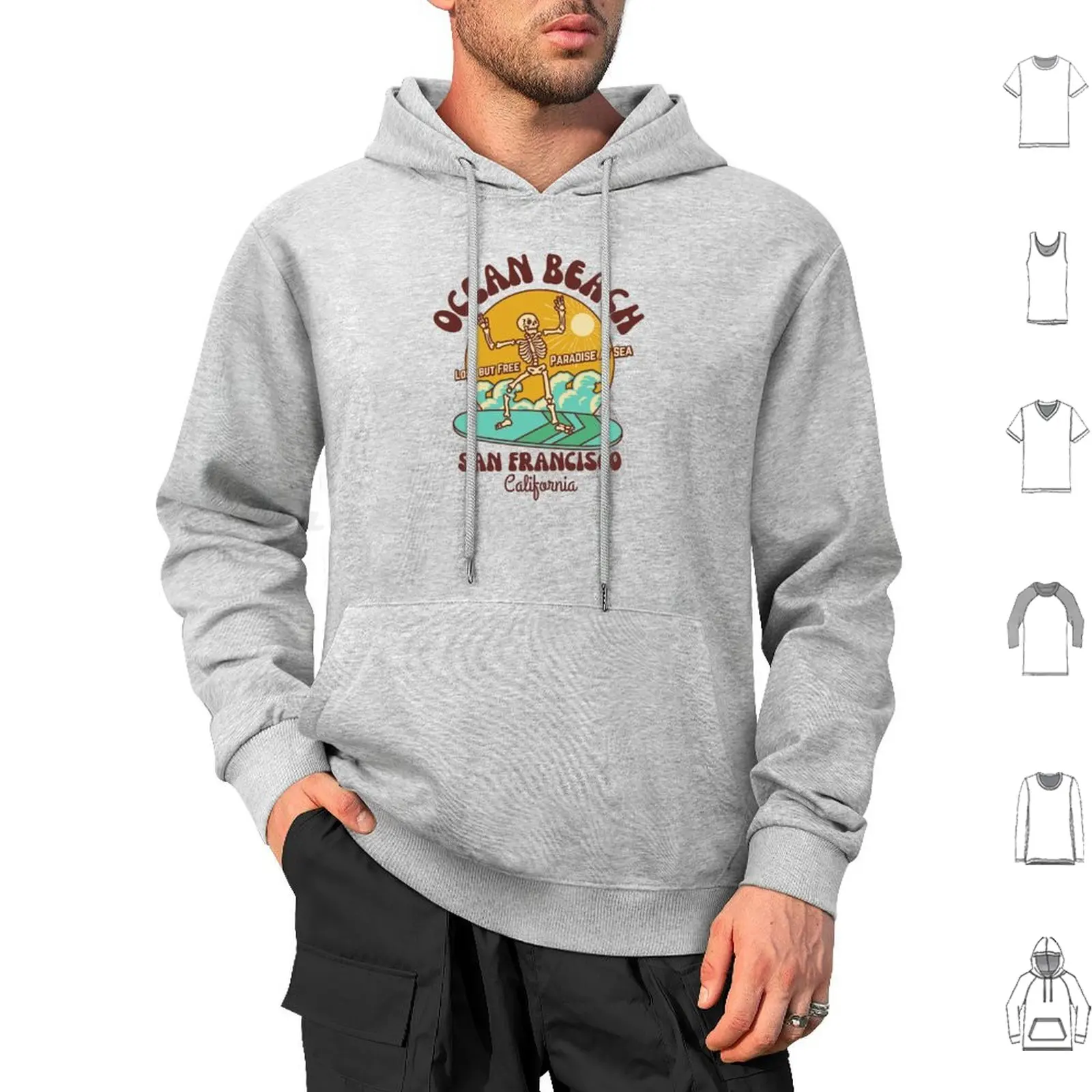 Retro Sixties Ocean Beach , San Francisco , California , Brown Text-Skeleton Beach / Skeleton Surf Hoodies Long Sleeve