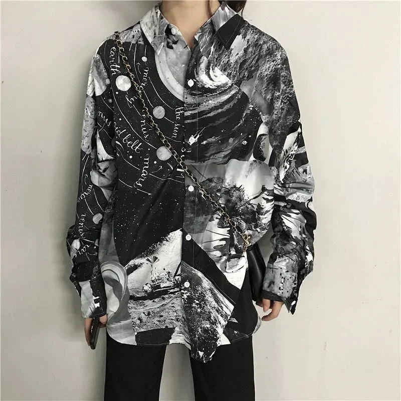 Spring summer punk shirts unisex Japan long-sleeved floral shirt men's retro Hong Kong style beach loose sunscreen blouse jacket