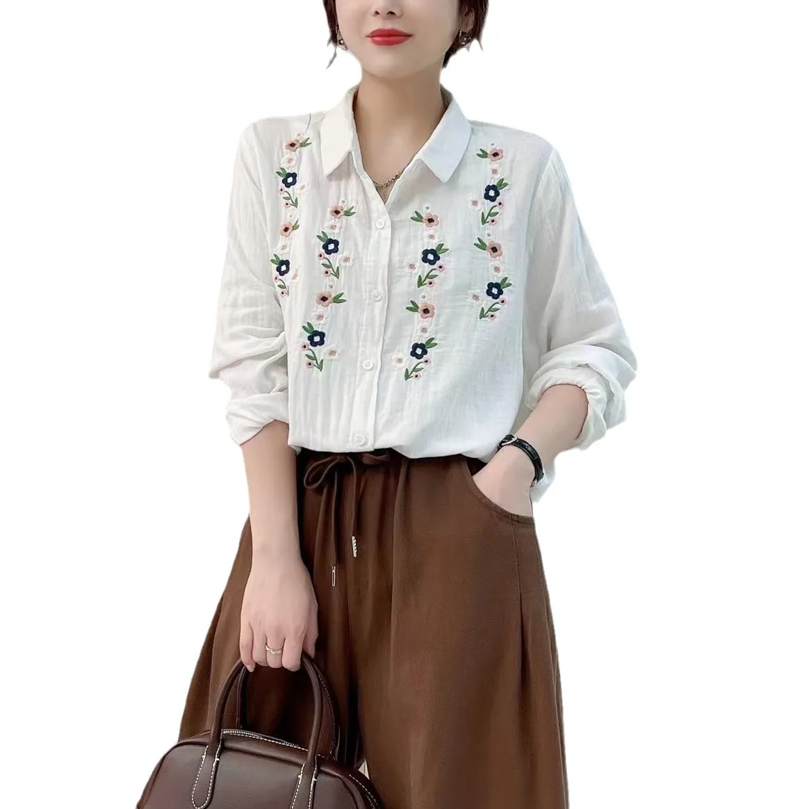 New Summer Cotton Long Sleeve Shirt, Women Lapel Embroidery Tops, Mori Girl Vintage Simplicity Loose Blouses, 2024 Fall T47885QC