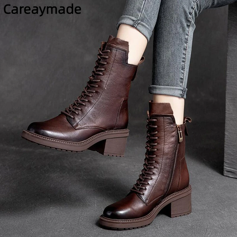 Careaymade 2025 Cow Leather Quality Women Shoes Autumn Winter Square Med Heel Ankle Boots Lace Up Zipper Ladies Pumps Size 35-40