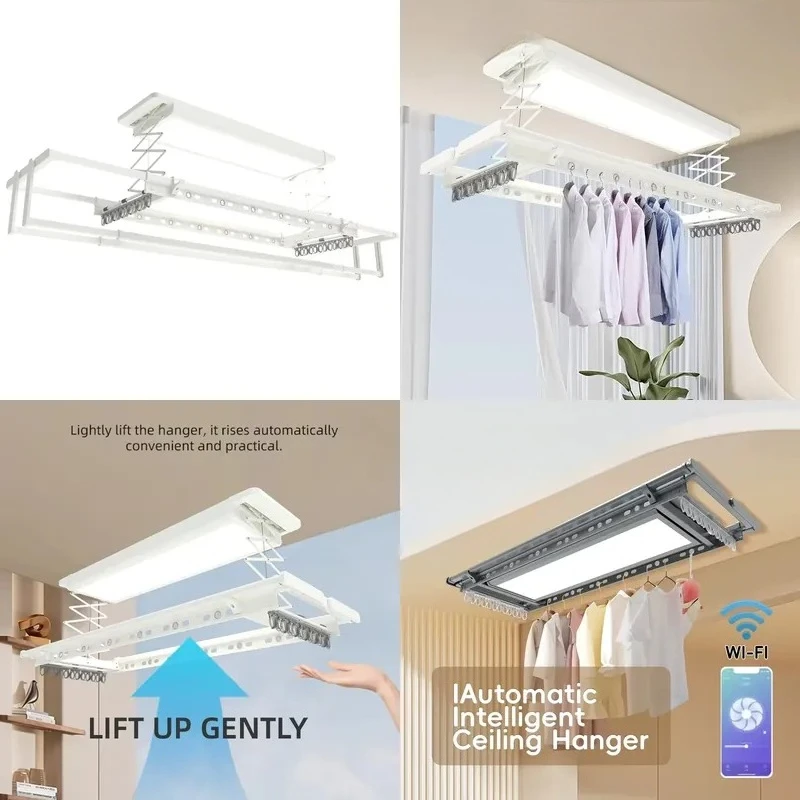 Modern Intelligent Electric Lifting Aluminum Drying Rack Wall Mounted Remote Control Folding Design Heating Bluetooth Voice