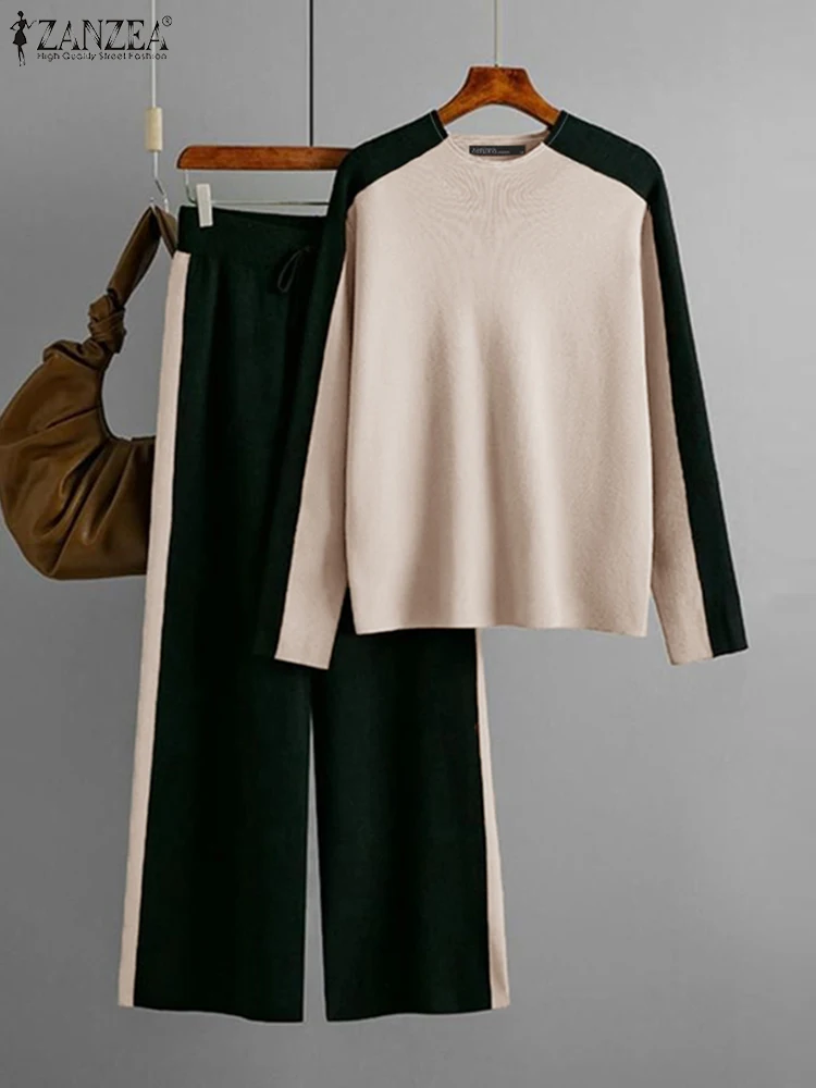 

ZANZEA 2025 Spring Autumn Women Pant Sets Casual Color-Blocked Paneled Long Sleeve T-shirts & Wide Leg Pant 2pcs Suits Outfits