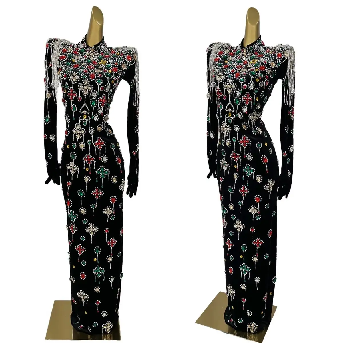 

Sparkling Rhinestone High-end Black Long Dresses Women Black Velvet Crystal Tassel Evening Dress Singer Stage Wear Caihongtang