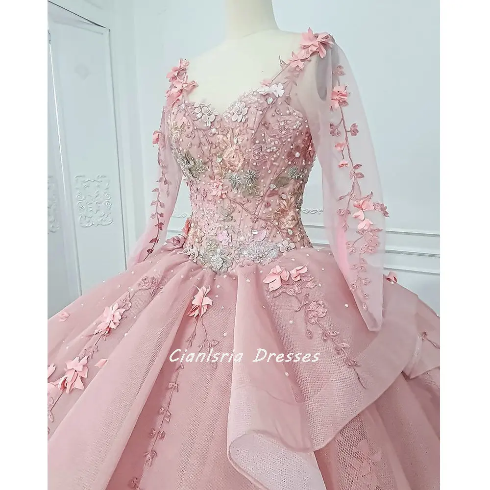 Pink Handmade Flowers Ruffles Ball Gown Quinceanera Dresses Long Sleeve Floral Appliques Lace Corset Sweet 15 Girls Party