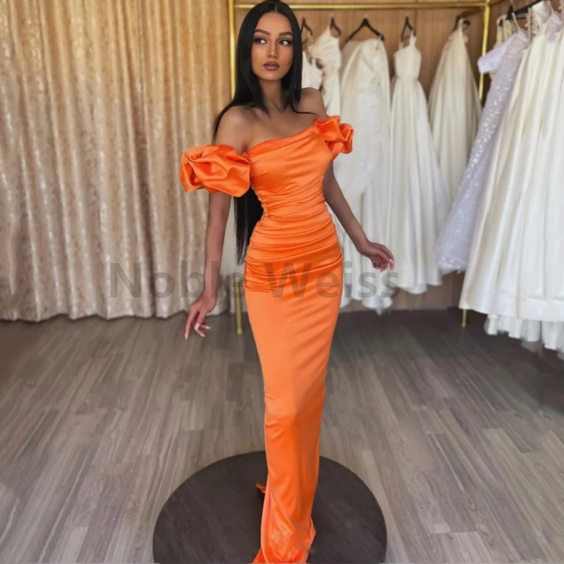 Vestido de fiesta de sirena de satén con hombros descubiertos, vestido de fiesta personalizado de trompeta plisado, personalizado