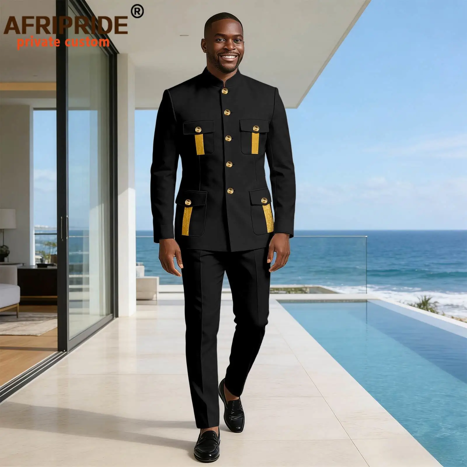 

Men`s Formal Wear Single Breasted Pockets Embroidery Slim Fit Blazer and Pants 2 Piece Set African Clothes for Wedding 2616026