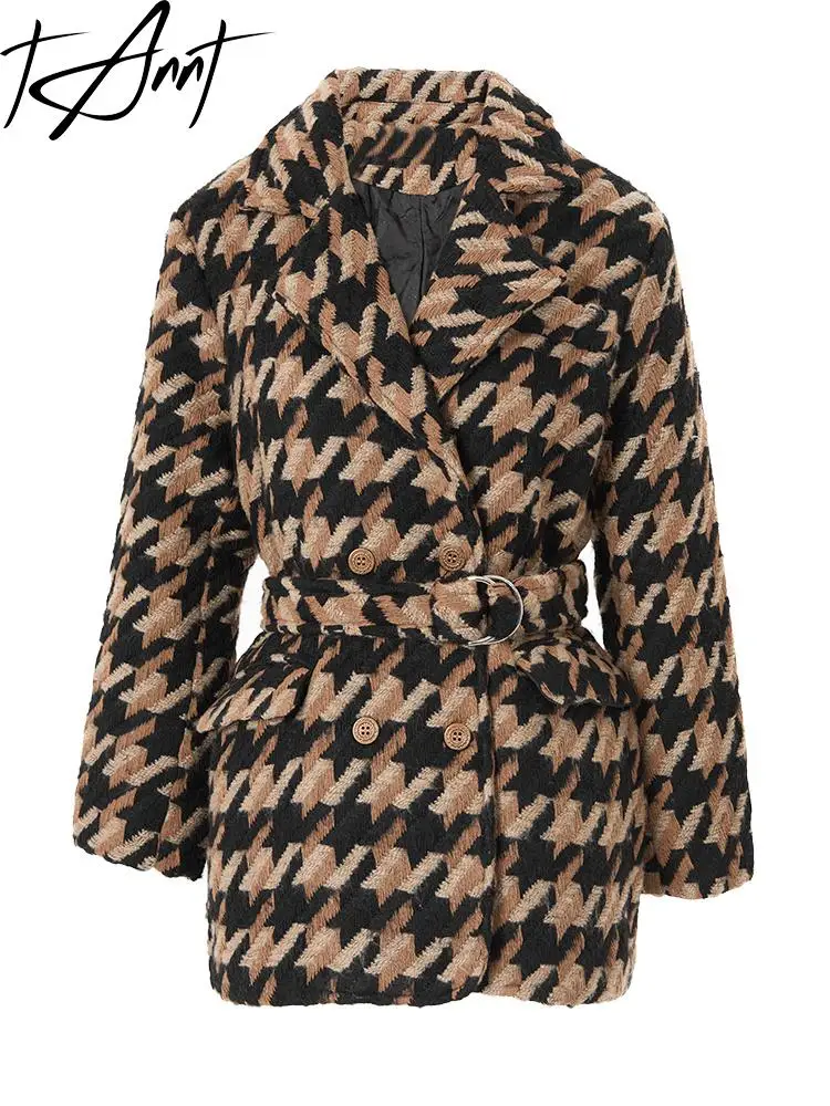 

[TANNT] Loose Fit Plaid Belted Big Size Vintage Woolen Coat Parkas New Long Sleeve Women Fashion Tide Autumn Winter 2023