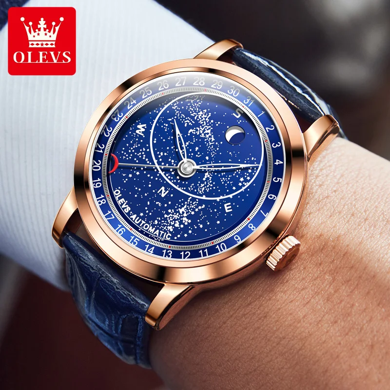 OLEVS Men Watches fashion 43.5mm Starry Rotating Luminous Big Dial Leather strap Stainless Steel Man Wristwatch Reloj Hombre