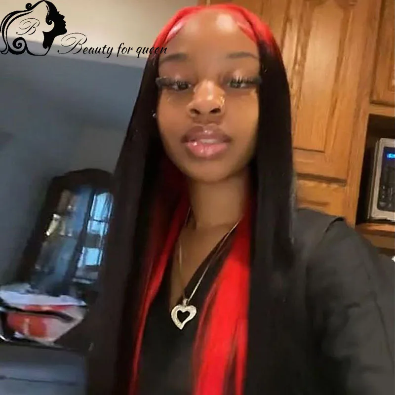 

Парик из бразильских окрашенных человеческих волос с прямой прозрачной HD-основой из кружевной ткани, 200% плотности, омбре красно-черный, для женщин, готовый к носке.