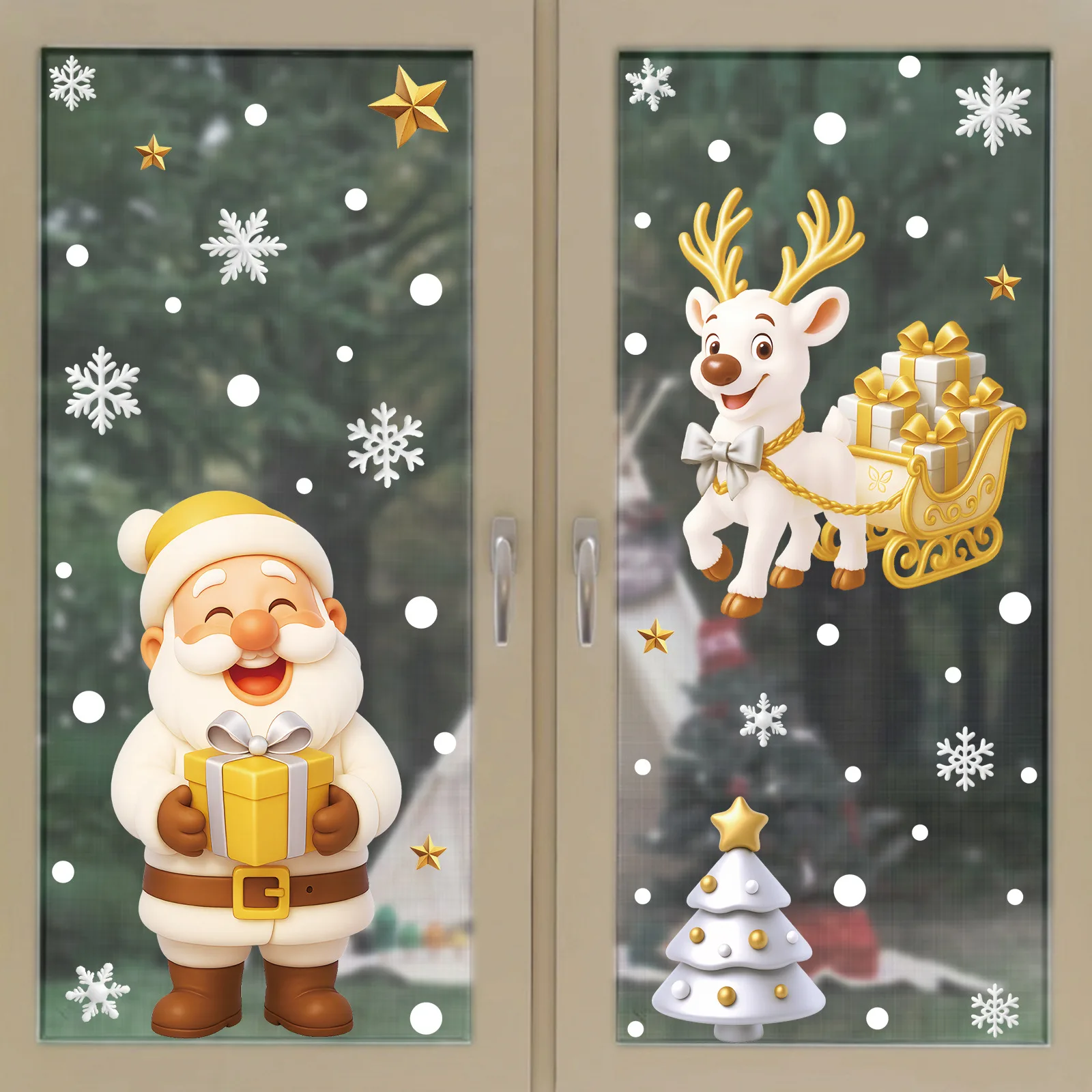 Set of 2 Christmas Static Cling Stickers, Gold Reindeer Snowman Holiday Window Decor for Glass Festive Pair