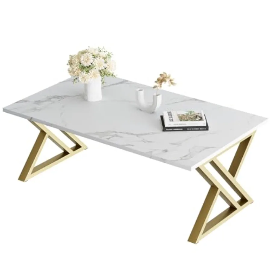 

Coffee Table Living Room Table White Center Table, Simple Modern Faux Marble Rectangular Tea Tables with Sturdy Gold Metal Fram