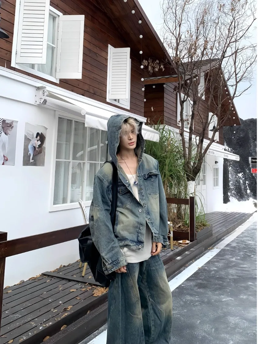 

Джинсовая куртка с капюшоном Lilacfi2024FW с узором «снежинки», удлиненная, весенняя коллекция, парные комплекты