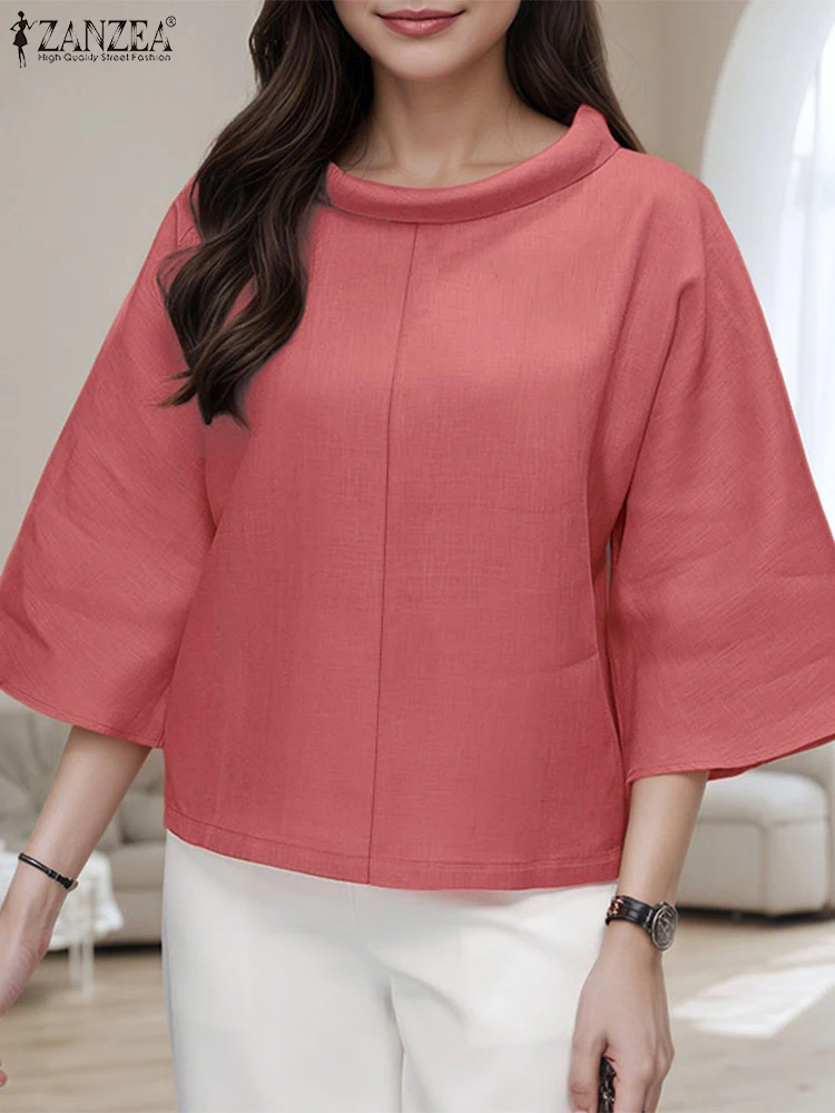 ZANZEA สตรีแฟชั่นเสื้อหลวม 2025 ฤดูร้อนคอ 3/4 แขน Blusas Mujer วันสวมใส่สบายๆเสื้อสีทึบ Streetwear