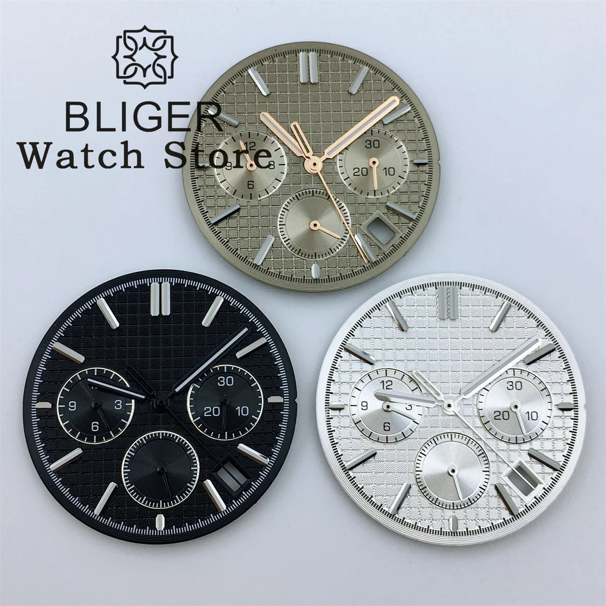 BLIGER VK63 Date window Dial 31.5mm Black White Blue Green Gray Dial With Hands Green Luminous Fit VK63 VK64 Movement