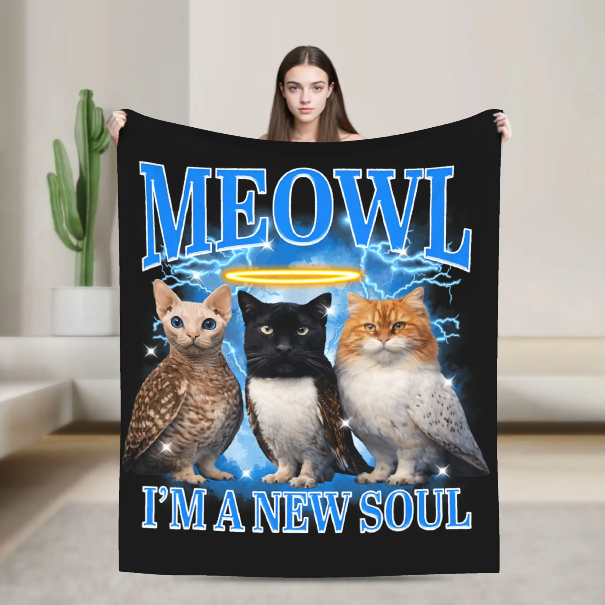 Meowl I'm A New Soul Cat Owl Meme Sarcasm Gen Z Super Warm Blanket  Boy Girl Plush Throw Blanket Pattern Home Decor