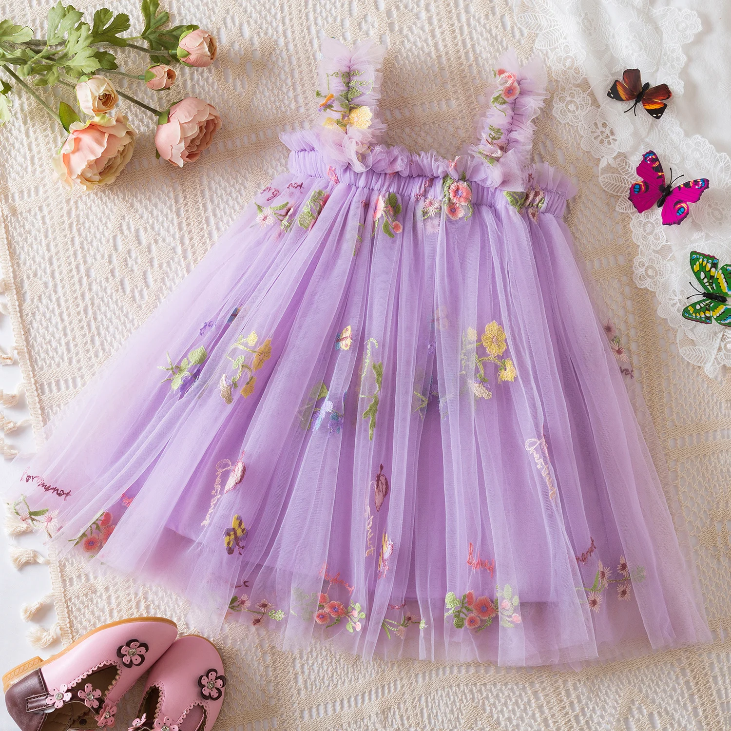 Baby Girls Gradient Rainbow Tulle Sling Dress 3D Butterfly Mesh Vestido Kid Wedding Birthday Party Princess Dresses 1-5Y Infant
