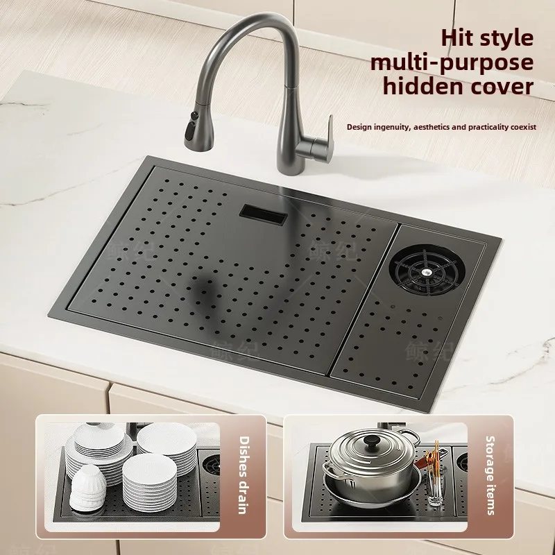 Handmade Single Sink with Cover, Small Size 304 Stainless Steel Nano Black Water Basin for Kitchen Countertop