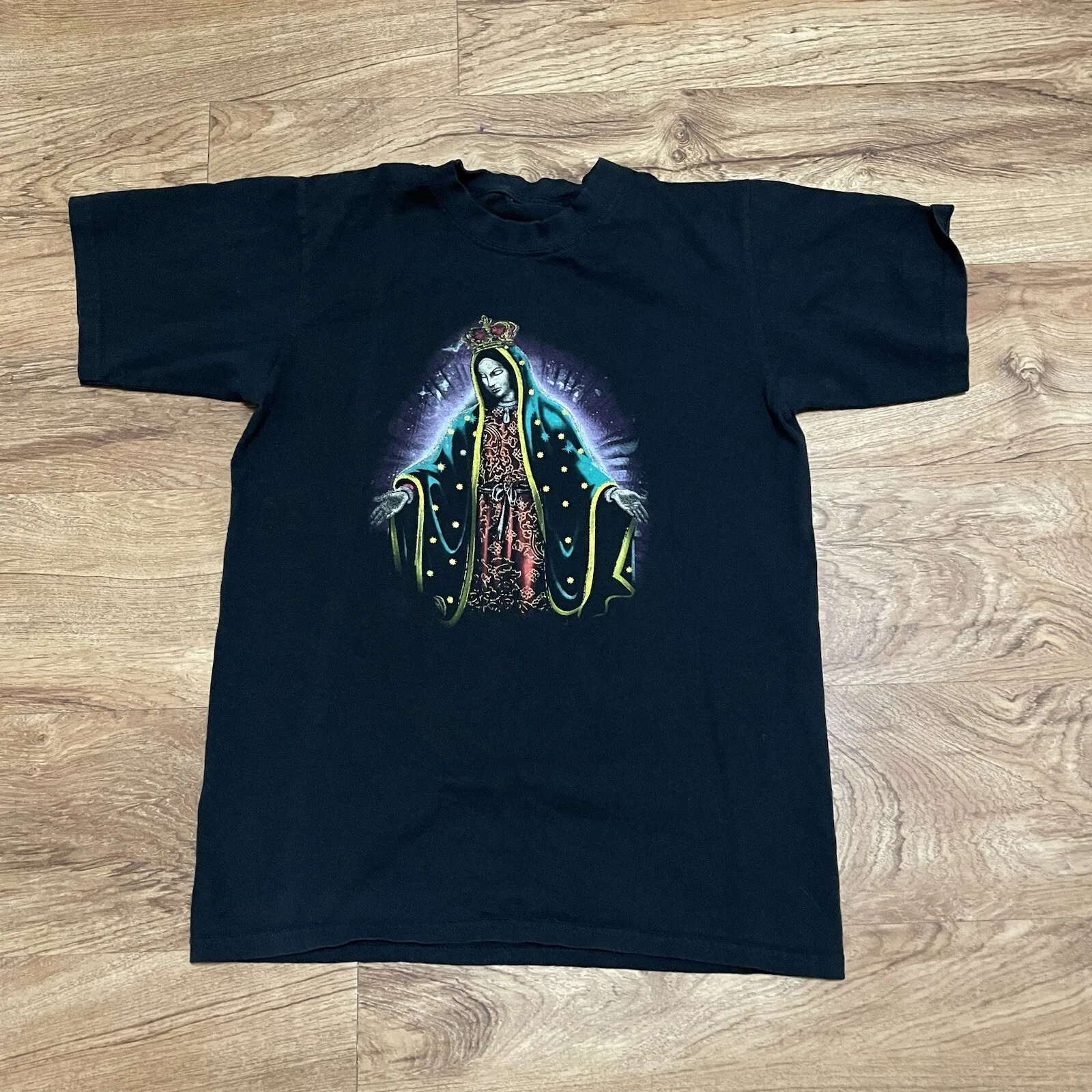Virgin Mary Black Tshirt Mens Size Measured Short Sleeve Vtg Religious Graphics