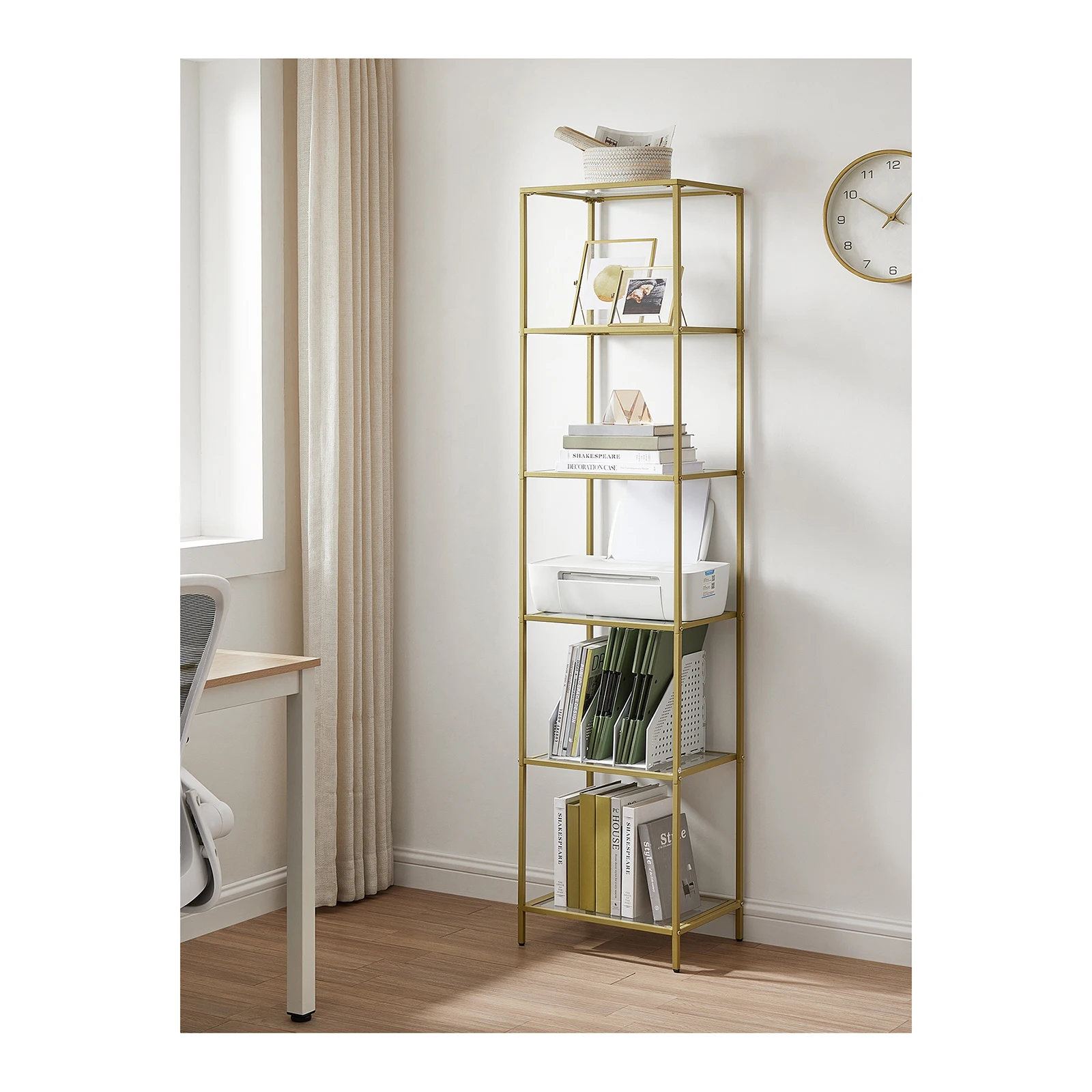 VASAGLE 6 Tier Glass Shelf Bookcase Storage Cabinet Thin Steel Frame for Bathroom Living Room Office Bedroom