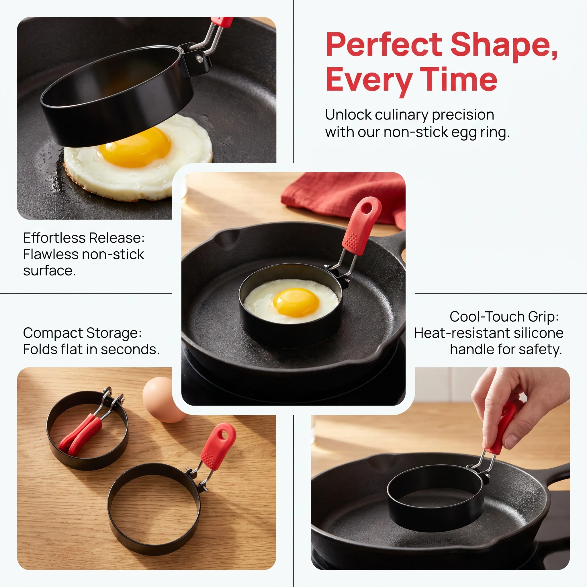 Non-Stick Round Egg Rings with Heat-Resistant Silicone Handles for Eggs, Burger Patties & Breakfast Cooking