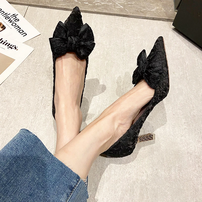 Green Silk Bowtie High Heels Pumps for Women Sexy Pointed Toe Metal Stiletto Heels Wedding Party Shoes Woman 2024 Spring Bombas