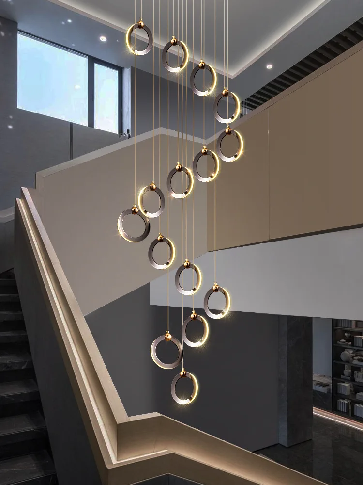 

Creative Circular Chrome LED Stair Chandelier Loft Dining Room Exhibition Hall Lamp Duplex Ceiling Chandelier Indoor Lighting