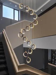 Creative Circular Chrome LED Stair Chandelier Loft Dining Room Exhibition Hall Lamp Duplex Ceiling Chandelier Indoor Lighting