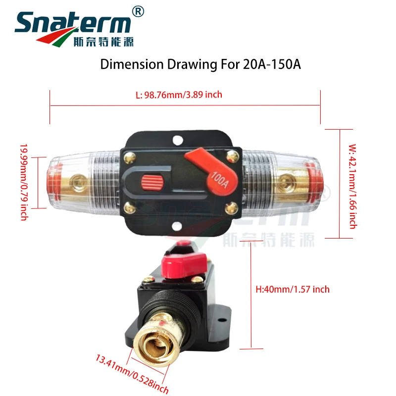 100A 80A 60A 50A 40A 30A 20A 12V / 24V / 48V DC قاطع الدائرة القابل لإعادة الضبط التأمين على موصل الطاقة الشمسية الكهروضوئية