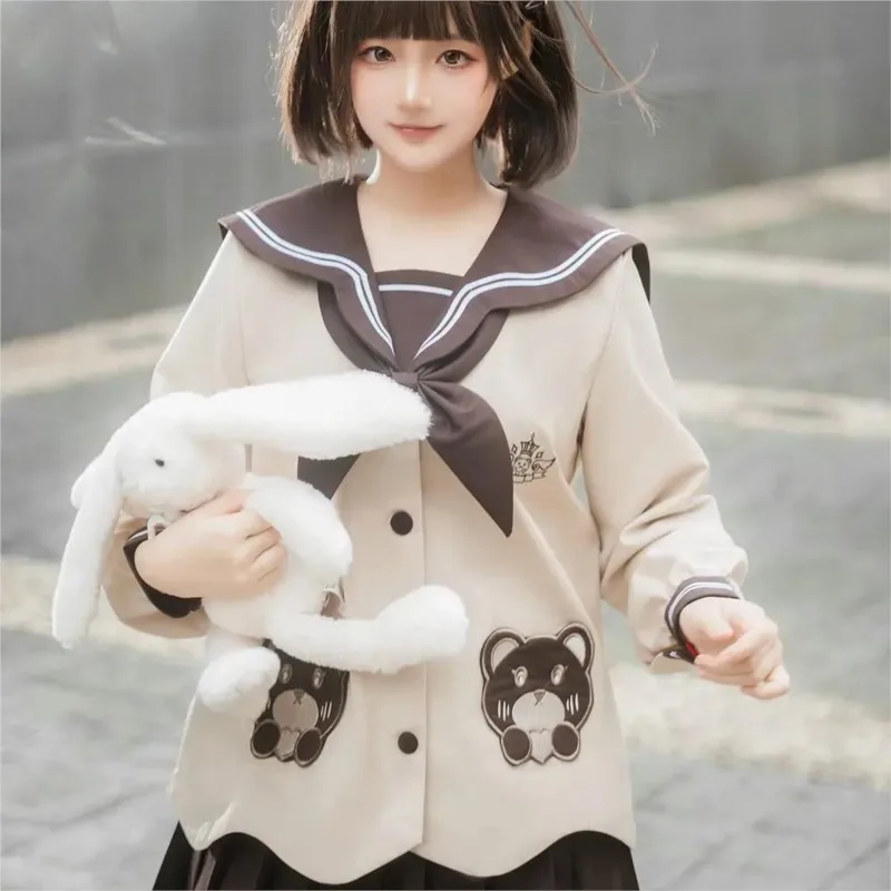 Brown jk uniform Japanese and Korean Pleated skirt set cute bear sailor suit school outfits women's cosplay uniform Costume