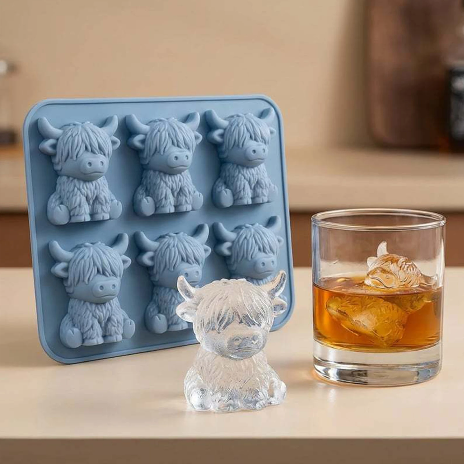 Reus Silicone Ice Tray, 6 Cavity Highland Cow Ice Cube Mold, Easy To Demold Casting Moulds, for Whiskey Cocktails Beer & Drinks