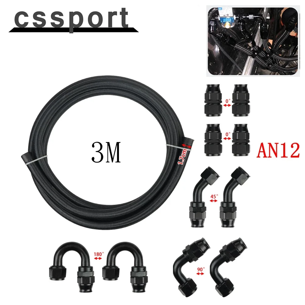 

Universal 10Pc 3M AN12 PTFE Nylon Braided Fuel Hose End 0+45+90+180 Degree Fuel Hose Fitting Adapter Kit Black