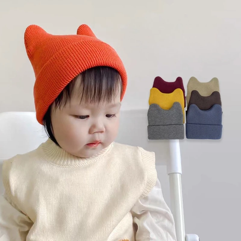 

Solid Color Baby Hat Autumn Winter Korean Style Kwaii Cute Cow Horn Knitted Baby Hat Children Outdoor Activity Woolen Hat Caps