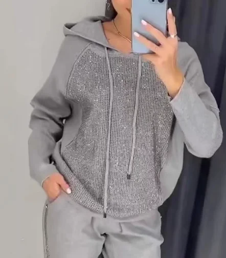 Sweatpants Suit Womens Set Fashion Diamonds Patchwork Hoodies Autumn Long Sleeve Two Piece Outfits Winter Sportwear Tracksuits