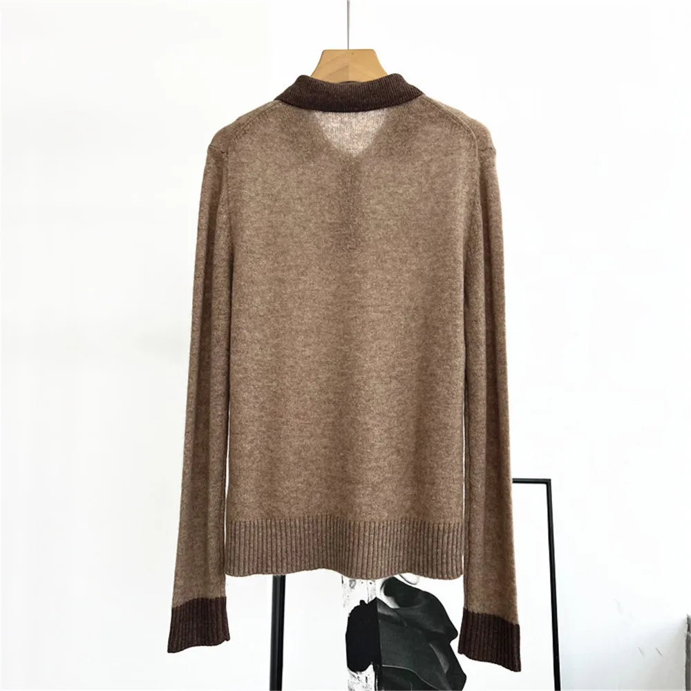 25 초가을 새로운 여성 폴로 칼라 세트 헤드 버튼 긴 소매 대비 느슨한 스트레이트 튜브 캐시미어 니트 탑