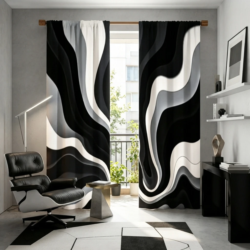 2 Stück Digital Bedruckte Schwarz-Weiß Vortex-Spiral-Abstrakte Vorhänge mit Schlauchband für Wohnzimmer und Schlafzimmer Deko-Set