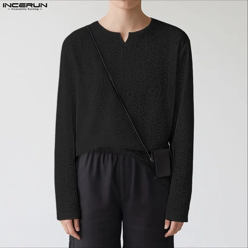 

INCERUN Men T Shirt Lace Long Sleeve V Neck Sexy Transparent Male Tee Tops Streetwear Loose Fashion Casual Men Clothing S-3XL