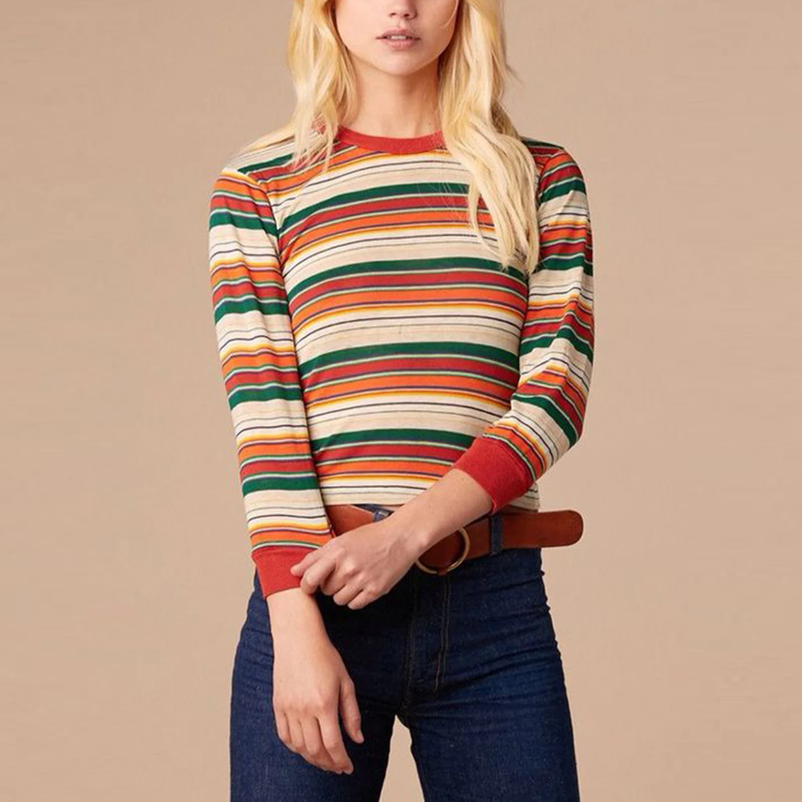 Women'S Striped Top Casual Round Neck Long Sleeved T-Shirt  Autumn Street Seven Quarter Sleeve  Orange Striped T-Shirt