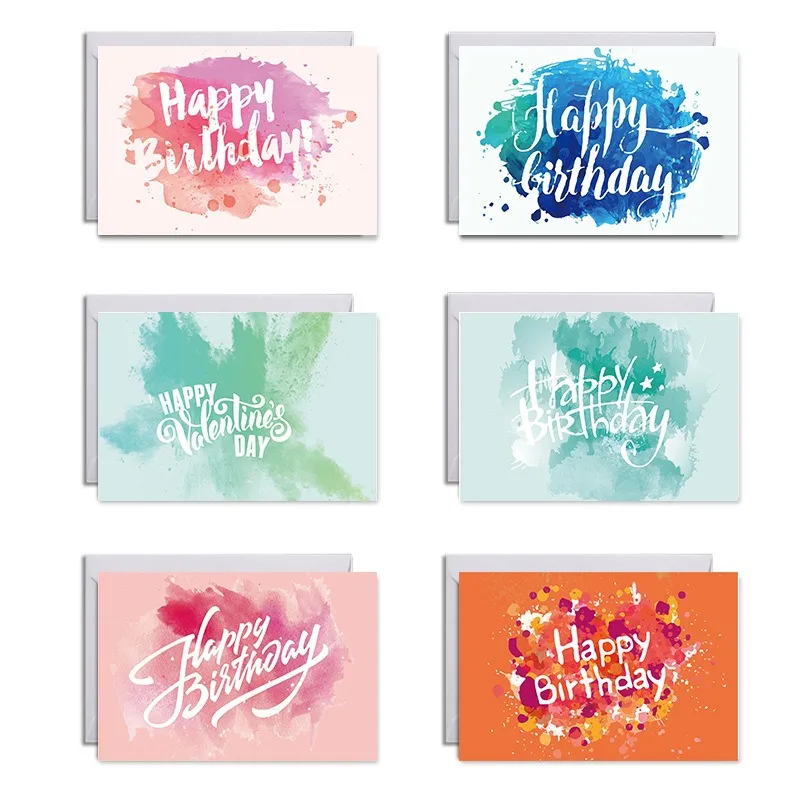 6 Sheets Graffiti Style Greeting Card Splashed Ink Style Creative Happy Birthday Greeting Card Message Blessing with Envelope