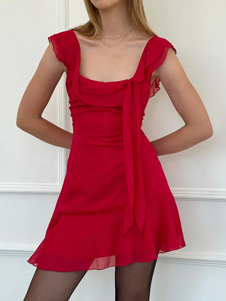 

High Quality Hot Selling Mesh Square Neck Suspender Dress Sexy Backless Zipper Pleated Short Dress Wholesale Vestidos Y2k