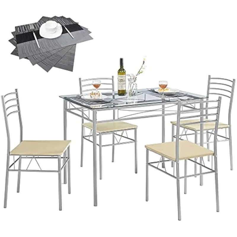 Kitchen Dining Room Table and Chairs 4, 5 Piece Dining Table and Chair Set, Space Saving (Silver)