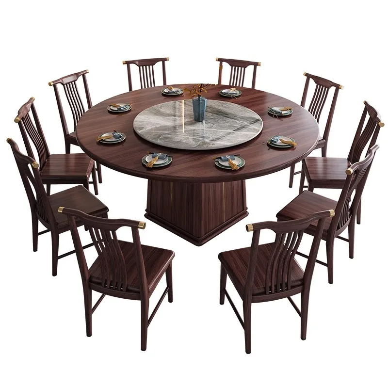 

New Chinese-style Ebony Solid Wood Round Dining Table and Chairs Turntable Dining Table Hotel 1.8-meter Large Round Table